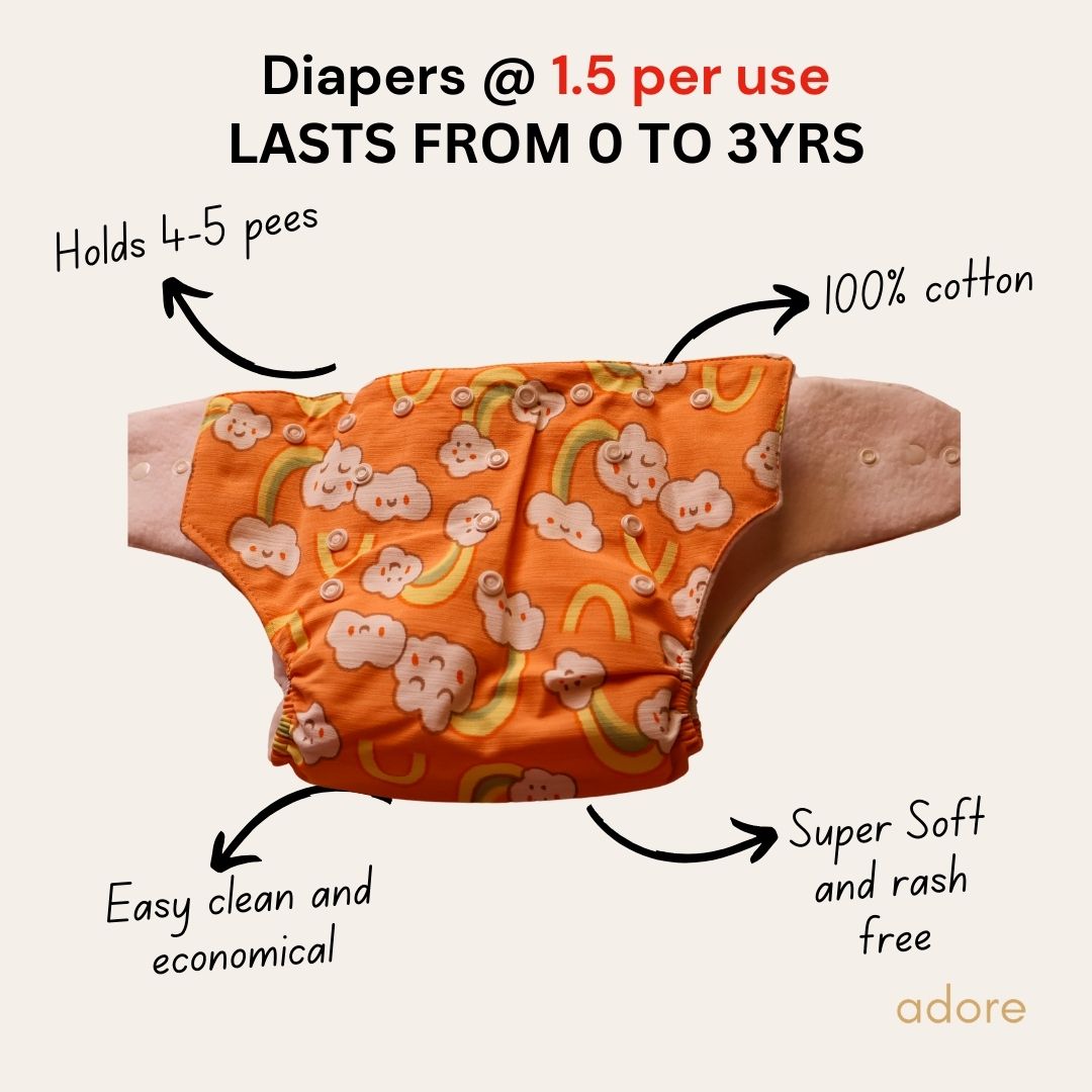 Adore Baby Diapers | 0-36 Months | Reusable and Washable | Rainbow Orange