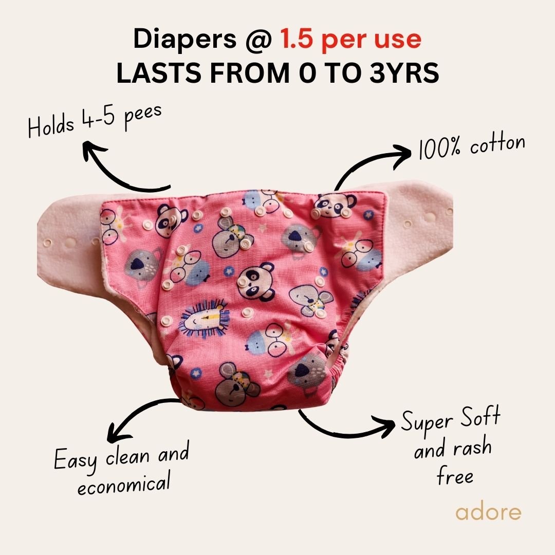 Adore Baby Diapers | 0-36 Months | Reusable and Washable | Safari