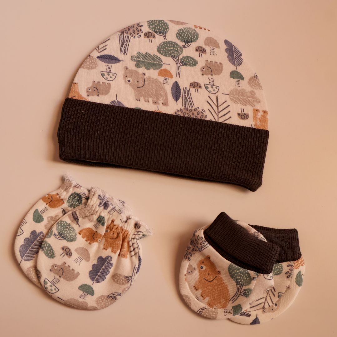 100% Cotton Caps, Booties & Mittens Set | Woodland