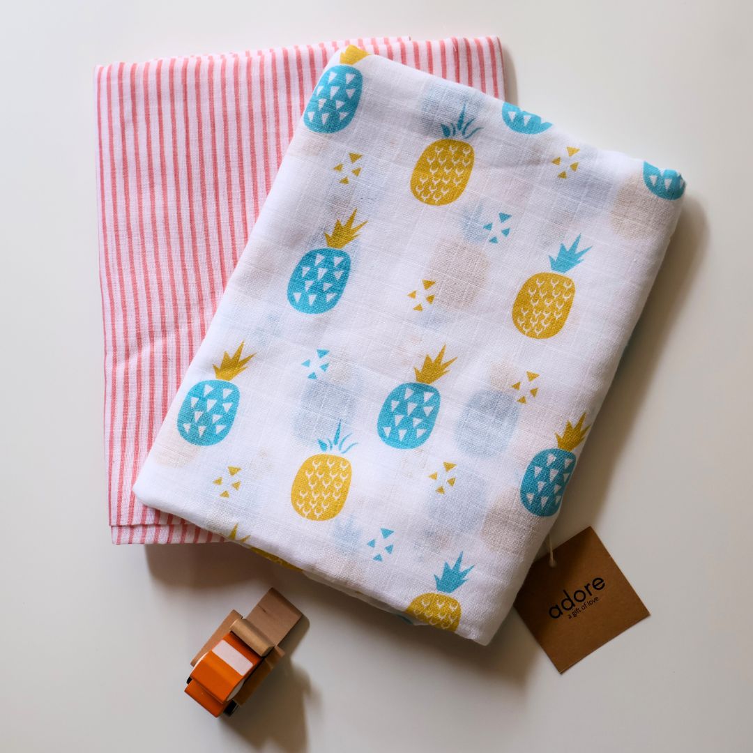 Organic Muslin Cotton Swaddles - Soft & Breathable - Blushing Stripes & Pineapple Paradise