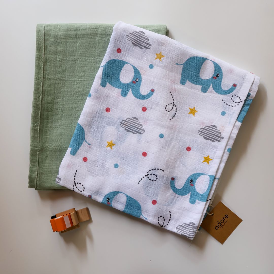 Organic Muslin Cotton Swaddles - Soft & Breathable - Sage Cuddle & Twinkle Trunk