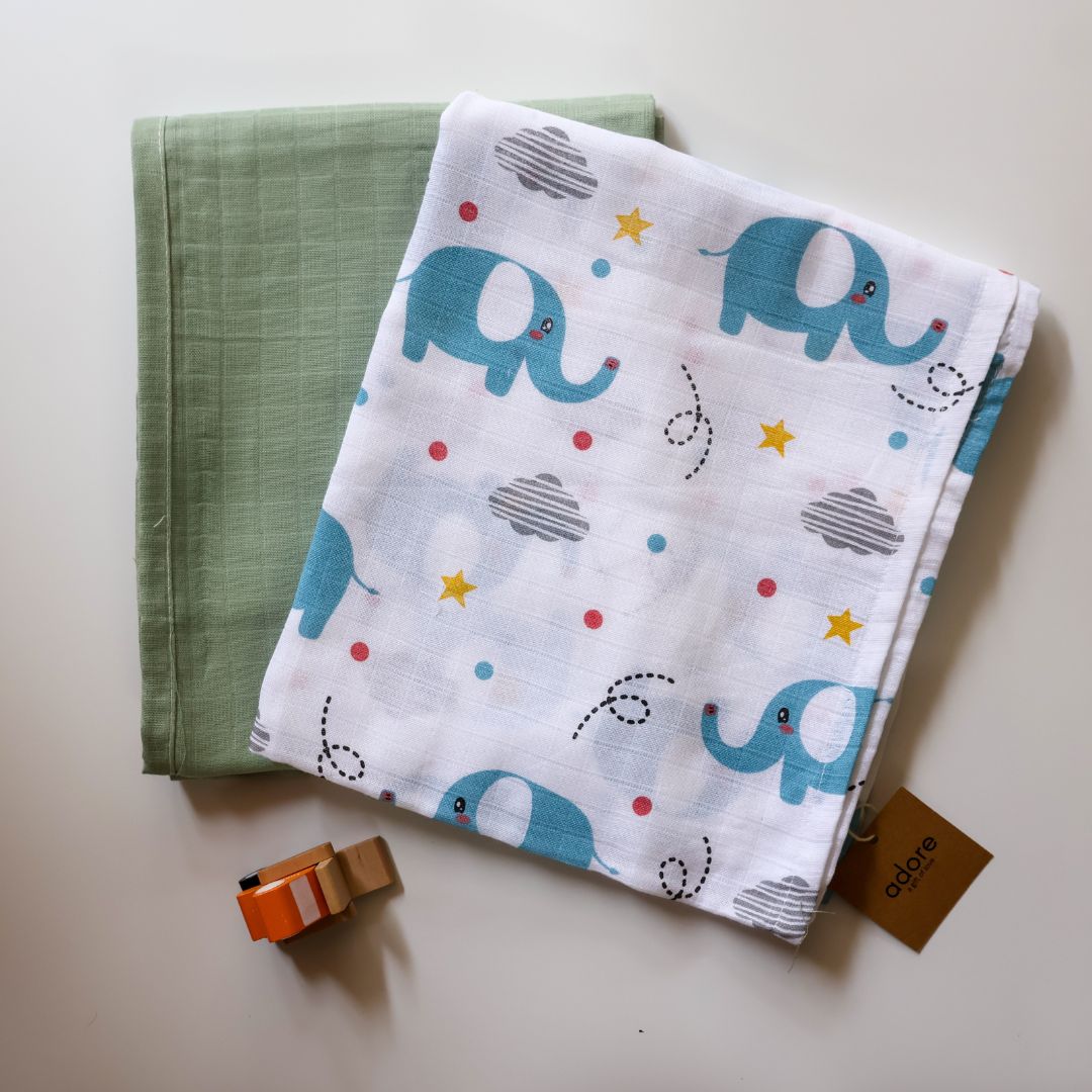 Organic Muslin Cotton Swaddles - Soft & Breathable - Sage Cuddle & Twinkle Trunk