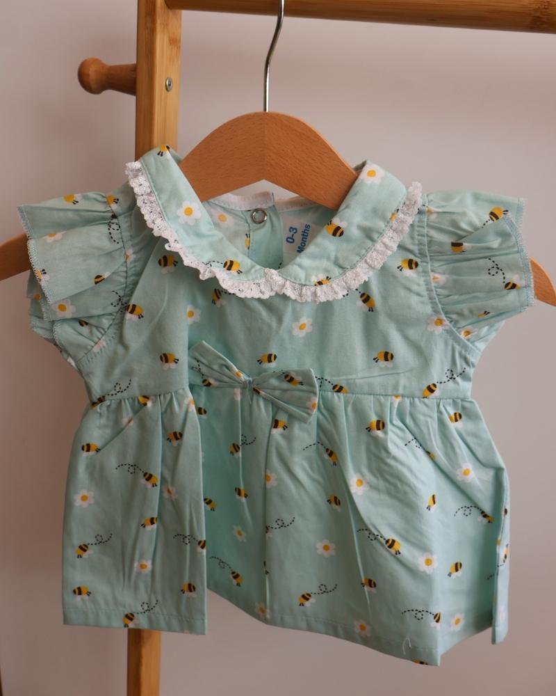 100% Cotton Baby Frock | Little Bee Adventure | Sage Green