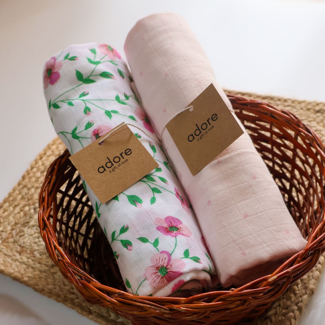 Organic Muslin Cotton Swaddles - Soft & Breathable - Floral Dream & Little Hearts