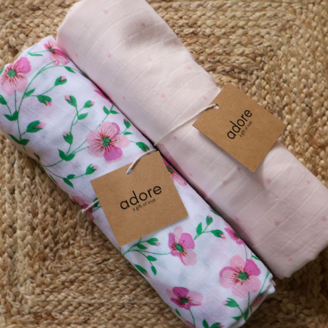 Organic Muslin Cotton Swaddles - Soft & Breathable - Floral Dream & Little Hearts