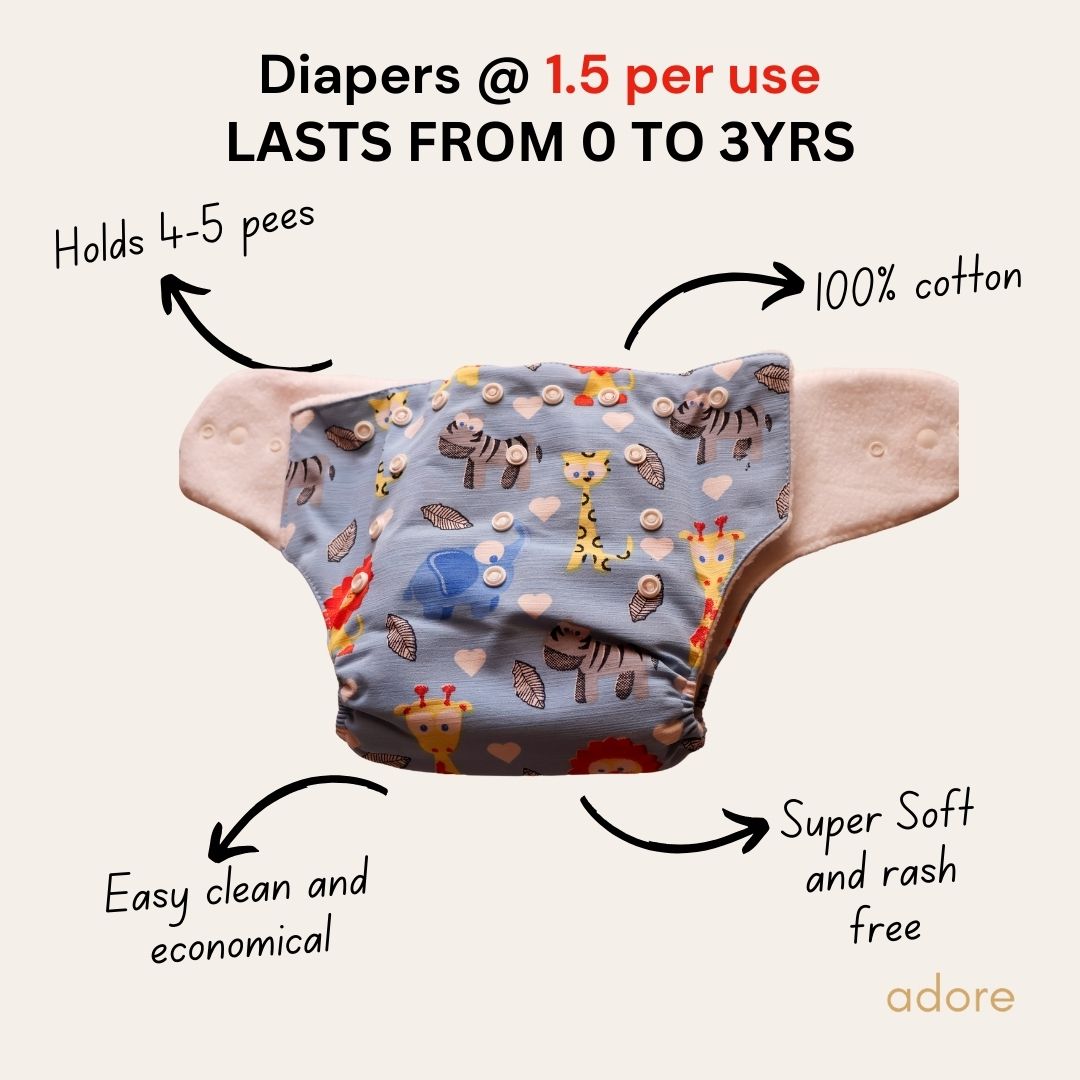 Adore Baby Diapers | 0-36 Months | Reusable and Washable | Animal Kingdom