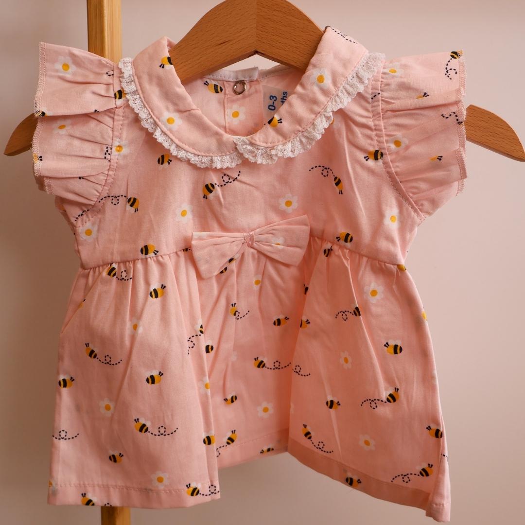 100% Cotton Baby Frock | Little Bee Adventure | Light Pink