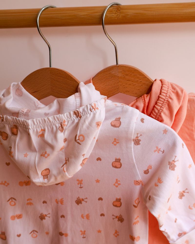 100% Cotton Baby Hooded Sleepsuit | Woodland Buddies - Peach | Pack of 2