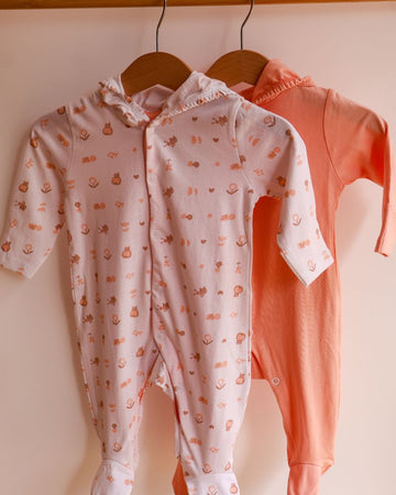 100% Cotton Baby Hooded Sleepsuit | Woodland Buddies - Peach | Pack of 2