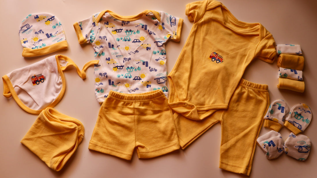 13-Piece Baby Essentials Set (0-6 Months) – 100% Cotton | Yellow