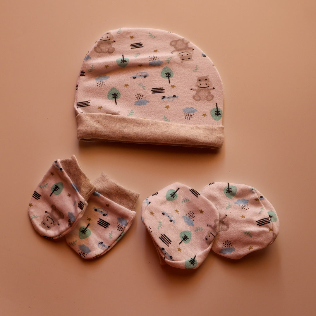 100% Cotton Caps, Booties & Mittens Set | Teddy Grey