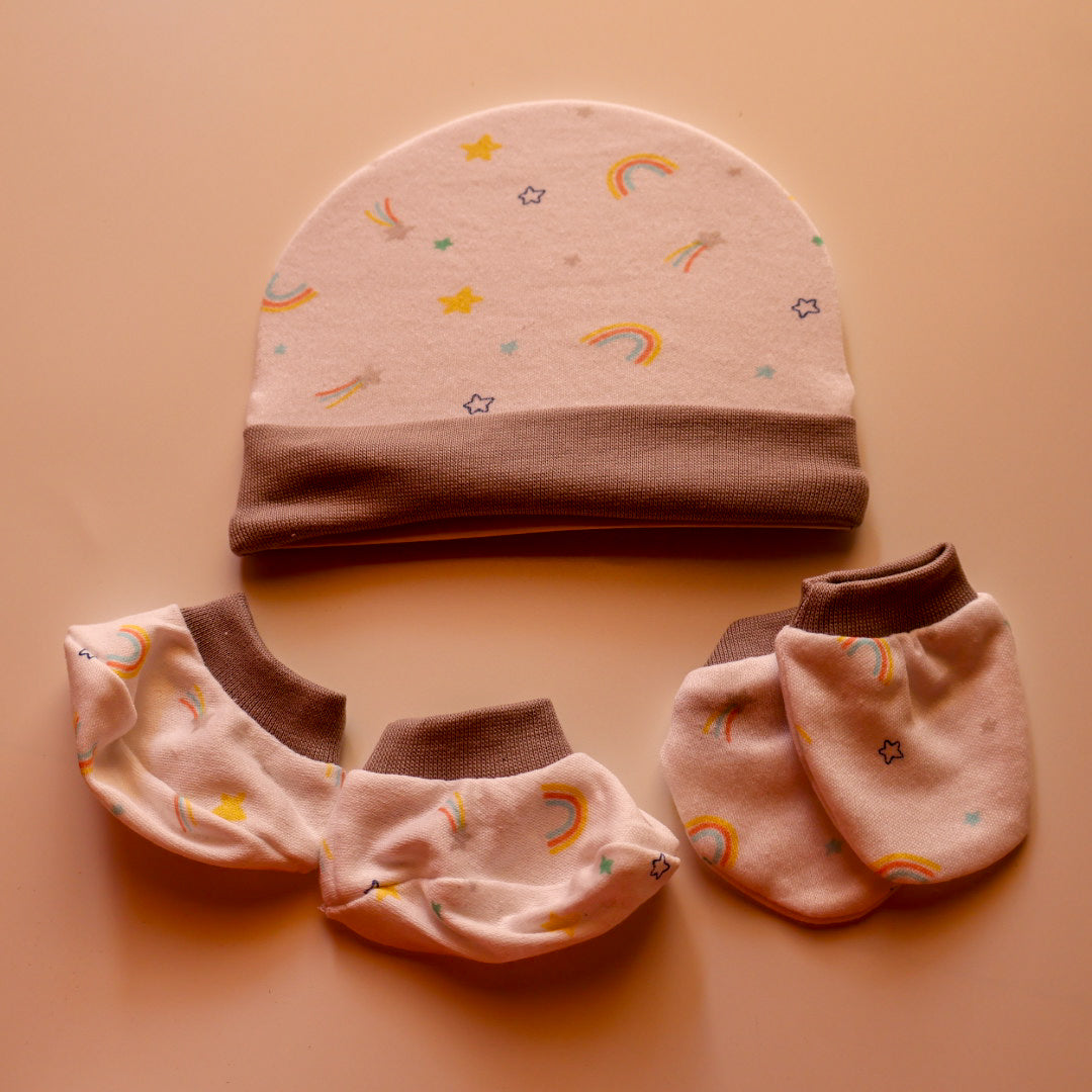 100% Cotton Caps, Booties & Mittens Set | Rainbow & Stars