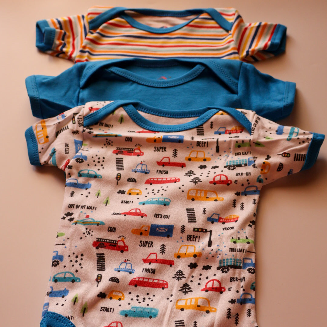 100% Cotton Baby Half Rompers | Pack of 3 | Blue