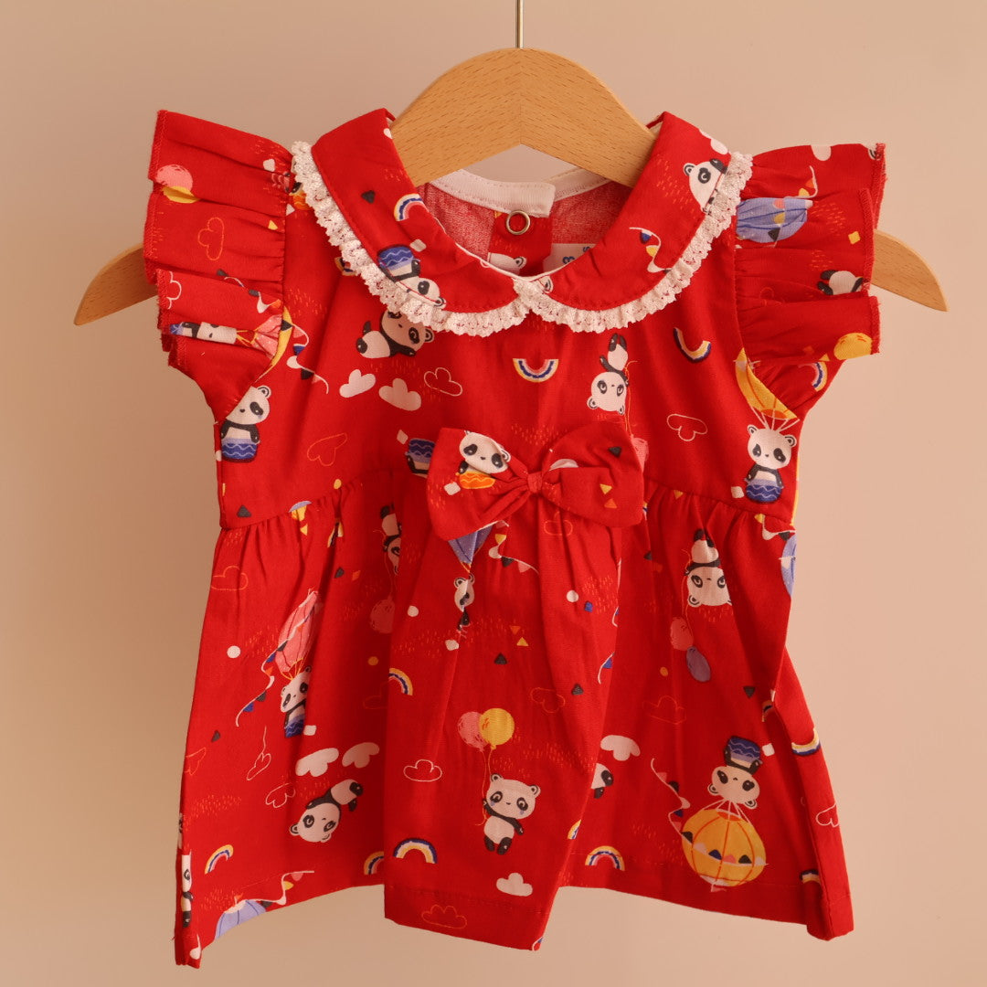 100% Cotton Baby Frock | Panda | Red