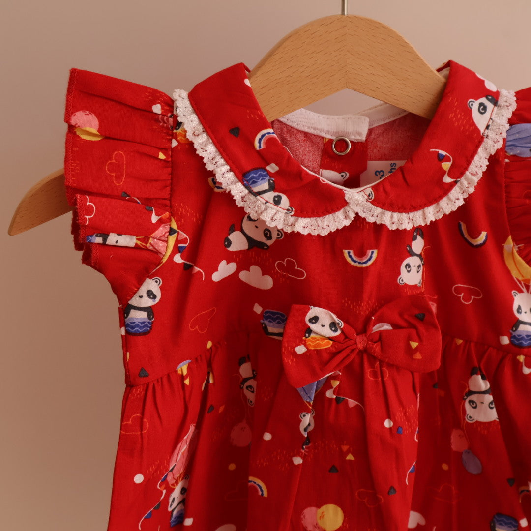 100% Cotton Baby Frock | Panda | Red